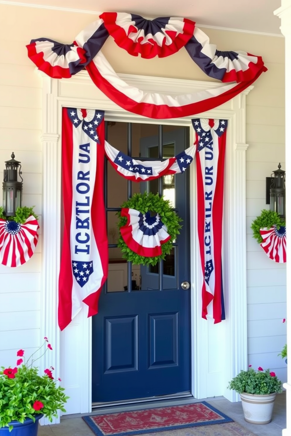 A festive Labor Day celebration setting with patriotic banners draped elegantly over doorways. The banners feature vibrant red, white, and blue colors, creating a cheerful and inviting atmosphere for guests.