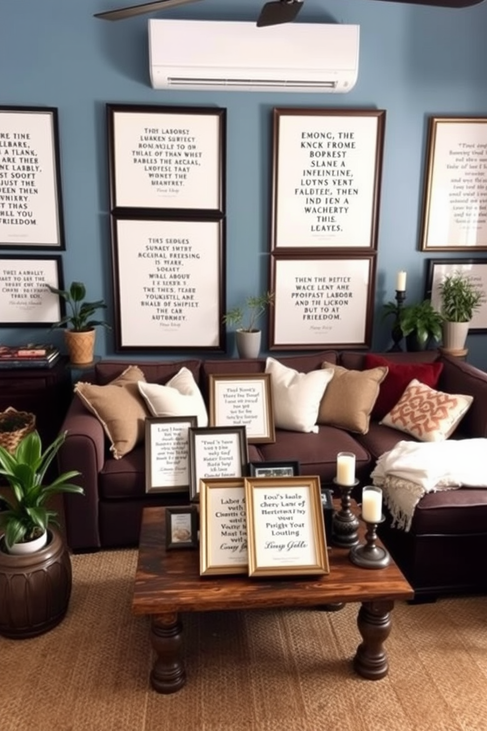 A cozy living room adorned with framed quotes about labor and freedom. The walls are painted in a soft blue hue, and a comfortable sectional sofa is positioned in the center, surrounded by decorative pillows. On a rustic coffee table, a collection of framed quotes is displayed, each set in elegant frames. Potted plants and candles add warmth to the space, creating an inviting atmosphere for reflection and celebration.