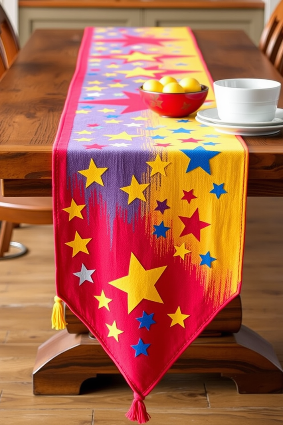 Colorful table runners adorned with vibrant star motifs drape elegantly over a rustic wooden dining table. The bright colors and playful designs create a festive atmosphere, perfect for celebrating Labor Day with family and friends.