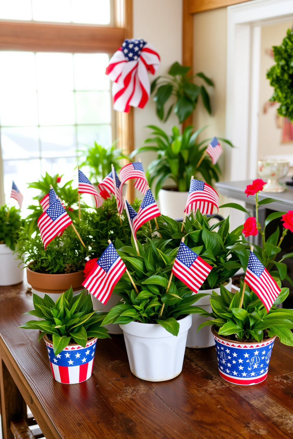 Small flags are placed in various potted plants throughout the room, adding a festive touch to the decor. The vibrant colors of the flags contrast beautifully with the greenery, creating a cheerful and inviting atmosphere. Incorporating Labor Day themes, the potted plants are arranged on a rustic wooden table. Red, white, and blue accents are woven into the overall design, celebrating the spirit of the holiday.