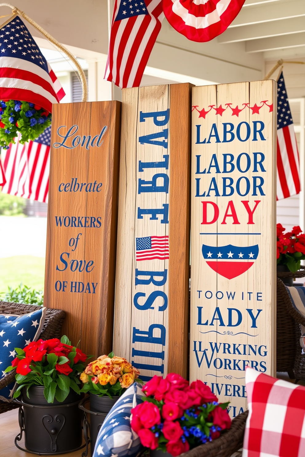 Rustic wooden signs featuring Labor Day themes are displayed prominently, showcasing patriotic colors and symbols. The signs are adorned with phrases celebrating workers and the spirit of the holiday, creating a warm and inviting atmosphere. Incorporating Labor Day decorating ideas, the scene includes a backdrop of American flags and seasonal flowers in vibrant reds and blues. The rustic elements blend seamlessly with cozy seating arrangements, inviting guests to relax and enjoy the festivities.