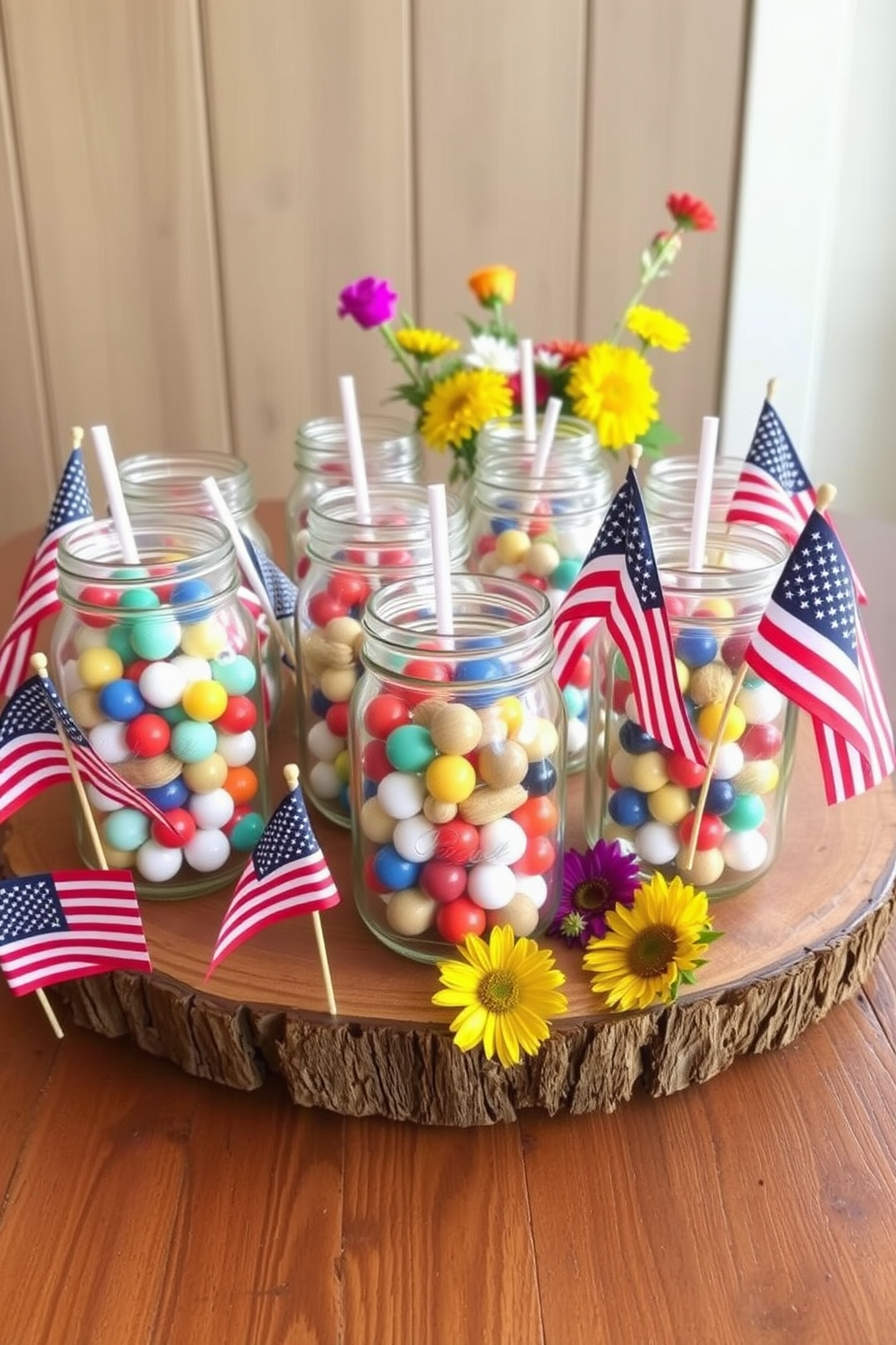 A charming display of mason jars filled with colorful marbles arranged on a rustic wooden table. The jars are placed alongside small American flags and seasonal flowers, creating a festive atmosphere for Labor Day celebrations.