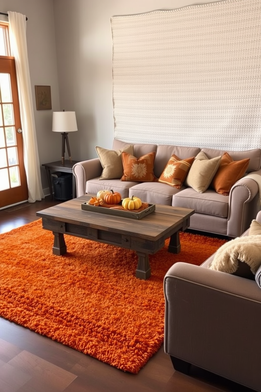 A cozy living room featuring layered rugs in warm autumn colors. The first rug is a rich burnt orange, placed beneath a larger, soft cream-colored rug that adds texture and warmth to the space. Decorative pillows in earthy tones are scattered across a plush sofa, inviting relaxation. A rustic coffee table sits at the center, adorned with seasonal decor and a small pumpkin for a festive touch.