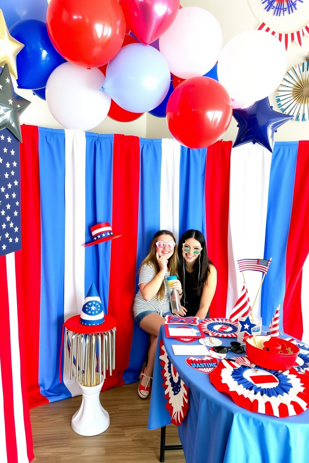 A vibrant living room featuring red white and blue themed rugs that evoke a festive atmosphere. The rugs are layered over a light hardwood floor, complementing the patriotic decor throughout the space. Accent pillows in coordinating colors adorn the sofa, while a large flag hangs artfully on the wall. A centerpiece of fresh flowers in red white and blue hues sits on the coffee table, enhancing the celebratory theme.