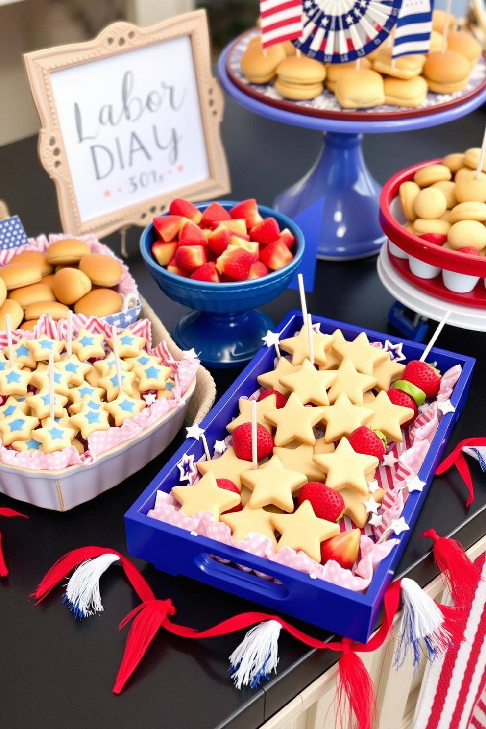 Create a vibrant Labor Day themed display featuring decorative trays filled with an assortment of festive snacks. The trays should be adorned with red, white, and blue accents, showcasing items like mini burgers, star-shaped cookies, and fresh fruit skewers.