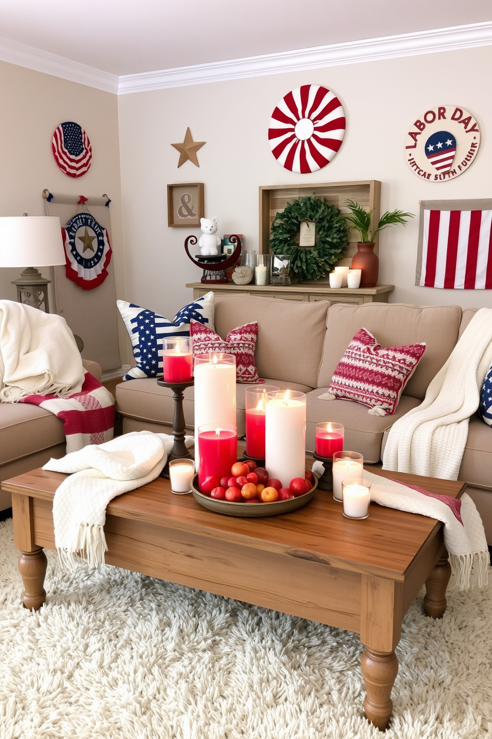 A cozy living room setting adorned with seasonal candles in red, white, and blue hues. The candles are arranged on a rustic wooden coffee table, surrounded by soft throw blankets and a bowl of fresh fruit. Patriotic decorations hang on the walls, featuring subtle nods to Labor Day themes. A plush area rug anchors the space, inviting guests to relax and enjoy the festive atmosphere.