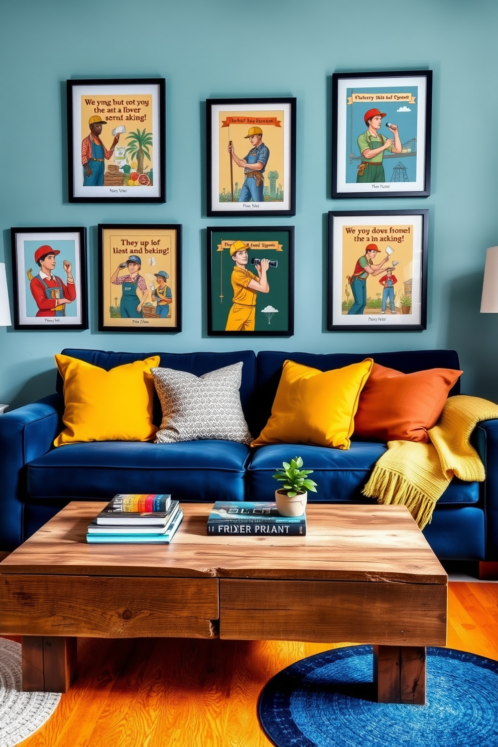 A vibrant living room adorned with wall art featuring labor-themed illustrations that celebrate the spirit of hard work and dedication. The artwork is framed in sleek black frames and arranged in a gallery-style layout above a plush sofa in a rich navy blue fabric. Complementing the decor, throw pillows in shades of yellow and orange add warmth and contrast to the space. A rustic coffee table made of reclaimed wood sits in the center, adorned with a stack of books and a small potted plant for a touch of greenery.