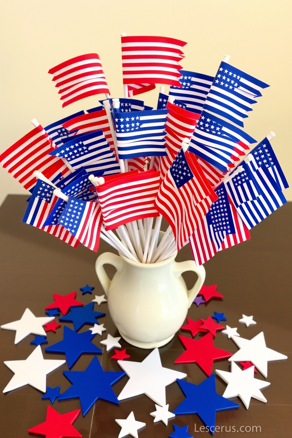 A festive tabletop display featuring an assortment of mini flags in red white and blue colors arranged in a charming ceramic vase. Surrounding the vase are scattered decorative stars in various sizes adding a playful touch to the Labor Day celebration.