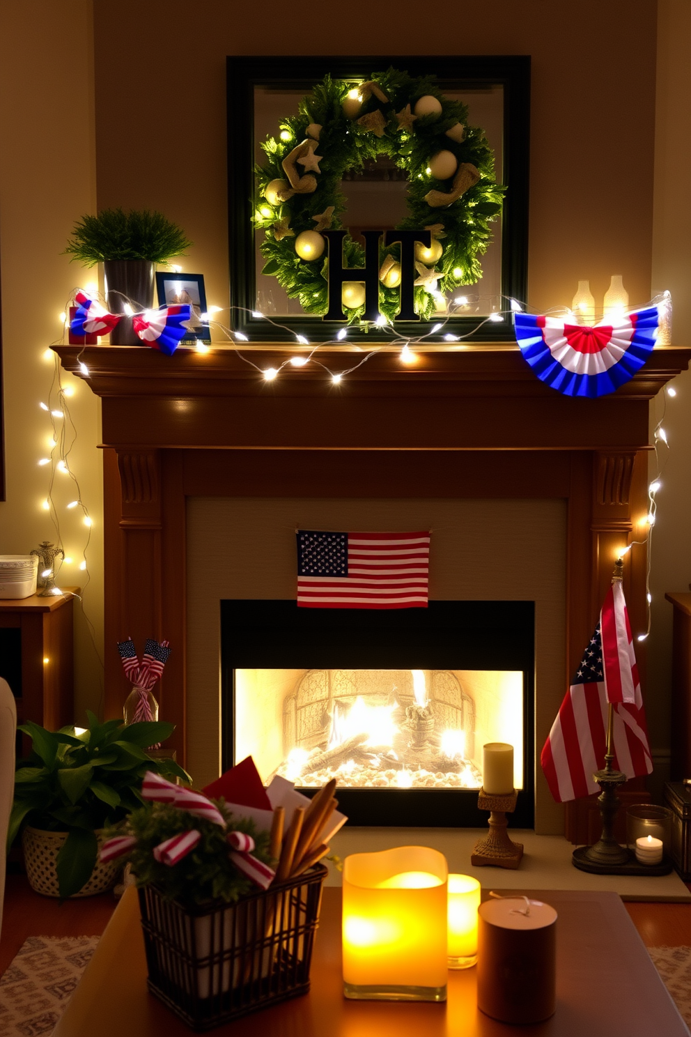 A vibrant DIY photo booth setup featuring a colorful backdrop adorned with red white and blue streamers. Themed props such as mini American flags and hard hats are scattered around for guests to use during the celebration. The booth includes a rustic wooden frame decorated with Labor Day themed banners. A table nearby holds additional props like sunglasses and fun hats to enhance the festive atmosphere.