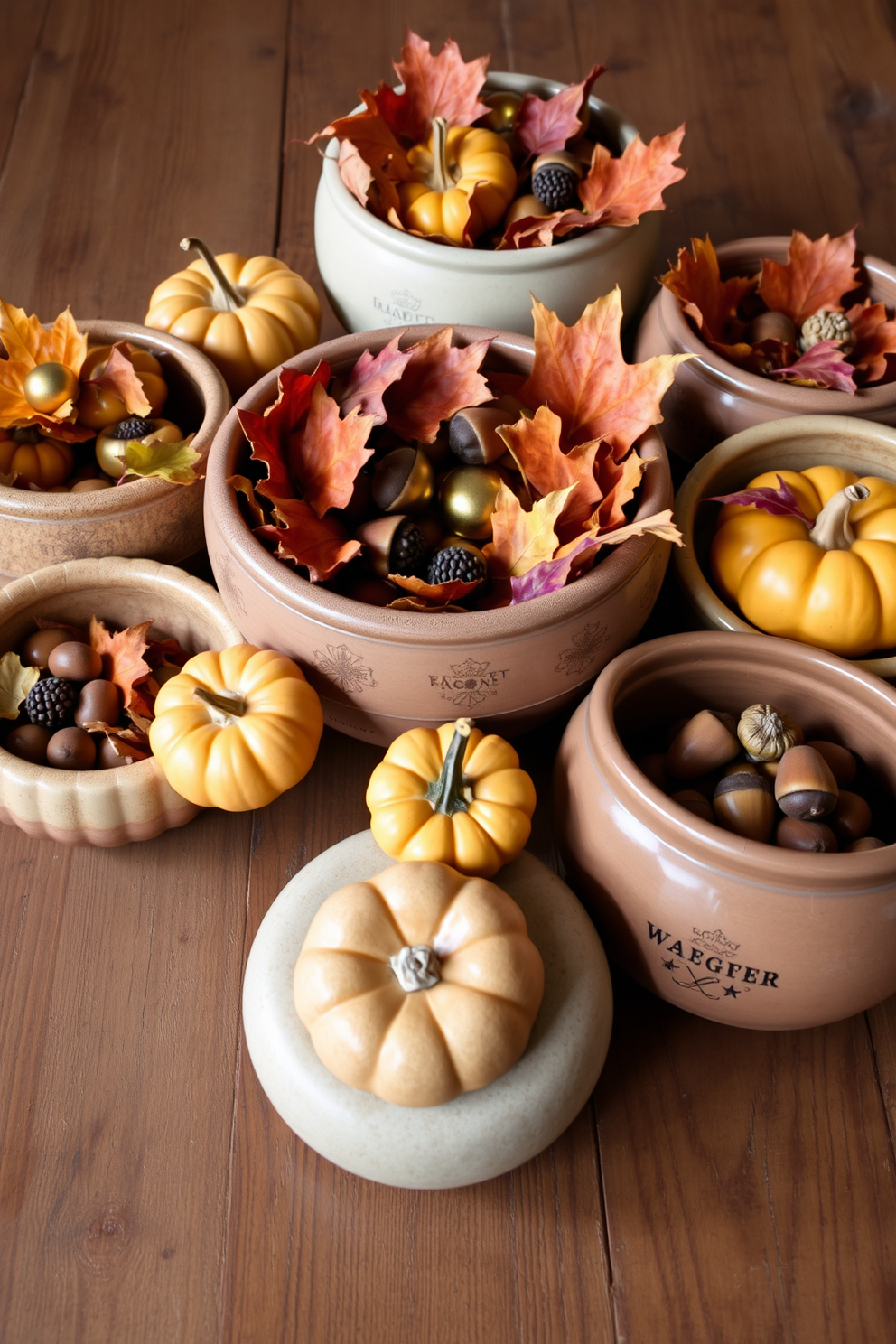 A collection of decorative bowls arranged on a rustic wooden table filled with seasonal items such as colorful leaves, small pumpkins, and acorns. The bowls are made of ceramic in earthy tones, complementing the warm hues of autumn, creating a cozy and inviting atmosphere.