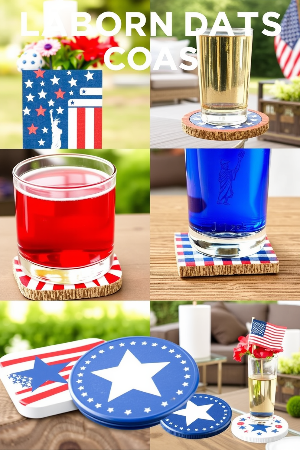 Patriotic themed coasters for drinks featuring a variety of designs such as stars and stripes, and iconic symbols of freedom. Each coaster is made from durable materials with a glossy finish, perfect for adding a festive touch to any gathering. Labor Day decorating ideas that incorporate red, white, and blue color schemes with elements like banners, table centerpieces, and themed tableware. Create a welcoming atmosphere with outdoor arrangements that include seasonal flowers and cozy seating areas for relaxation.