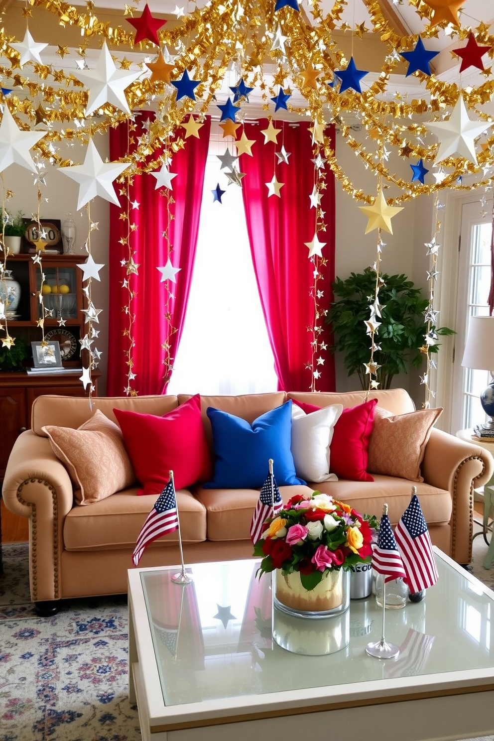 A festive living room adorned with star-shaped garlands draped across the ceiling and walls. The garlands are made from shimmering gold and silver materials, adding a touch of elegance to the space. Colorful throw pillows in red, white, and blue are arranged on a plush sofa, enhancing the patriotic theme. A stylish coffee table is decorated with small American flags and a centerpiece of seasonal flowers.