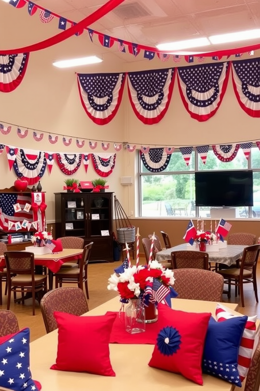 A festive Labor Day celebration with American flag bunting adorning the walls. The space is filled with red white and blue decorations including table centerpieces and themed cushions.