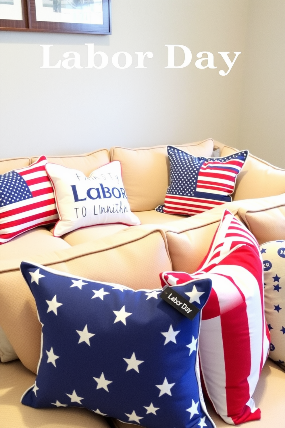 Cushions featuring red, white, and blue patterns are artfully arranged on plush sofas, creating a festive and inviting atmosphere. The vibrant colors and designs celebrate the spirit of Labor Day while adding comfort and style to the living space.