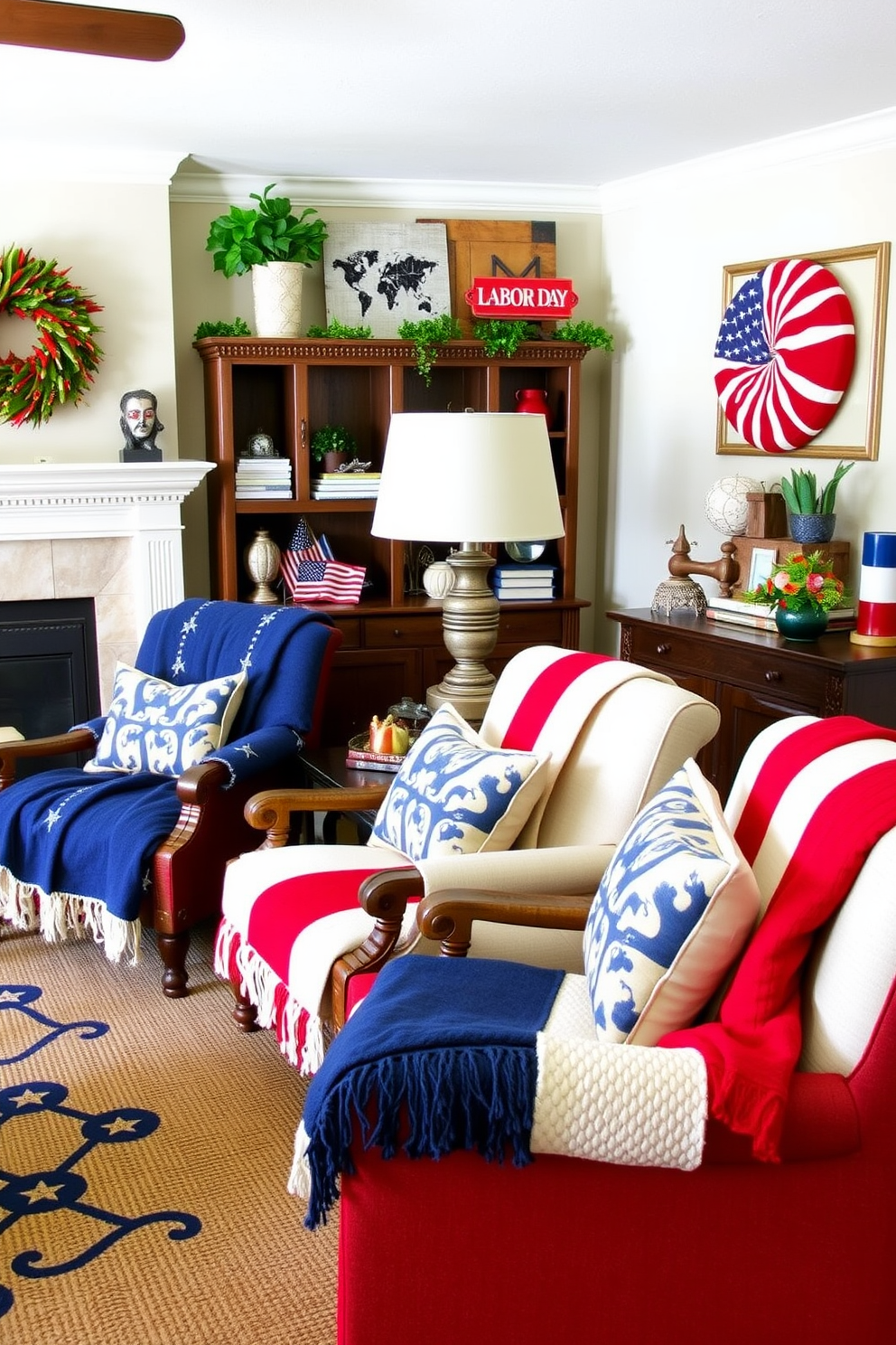 A cozy living room setting featuring chairs adorned with red white and blue throw blankets. The decor captures the essence of Labor Day with festive accents and patriotic touches throughout the space.