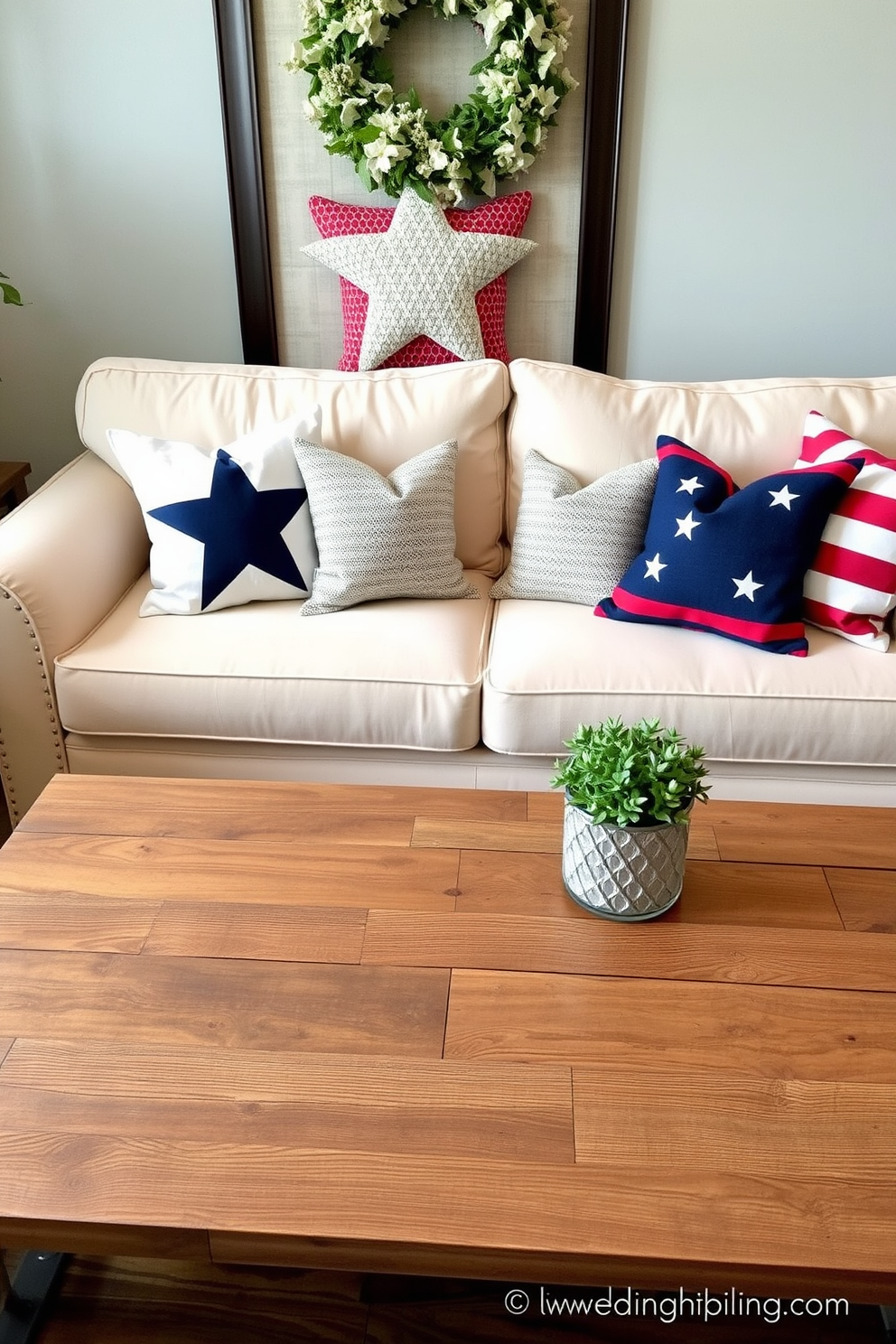 Create a cozy living room setting adorned with decorative pillows featuring stars and stripes. The pillows are arranged on a plush beige sofa, complemented by a rustic coffee table made of reclaimed wood.