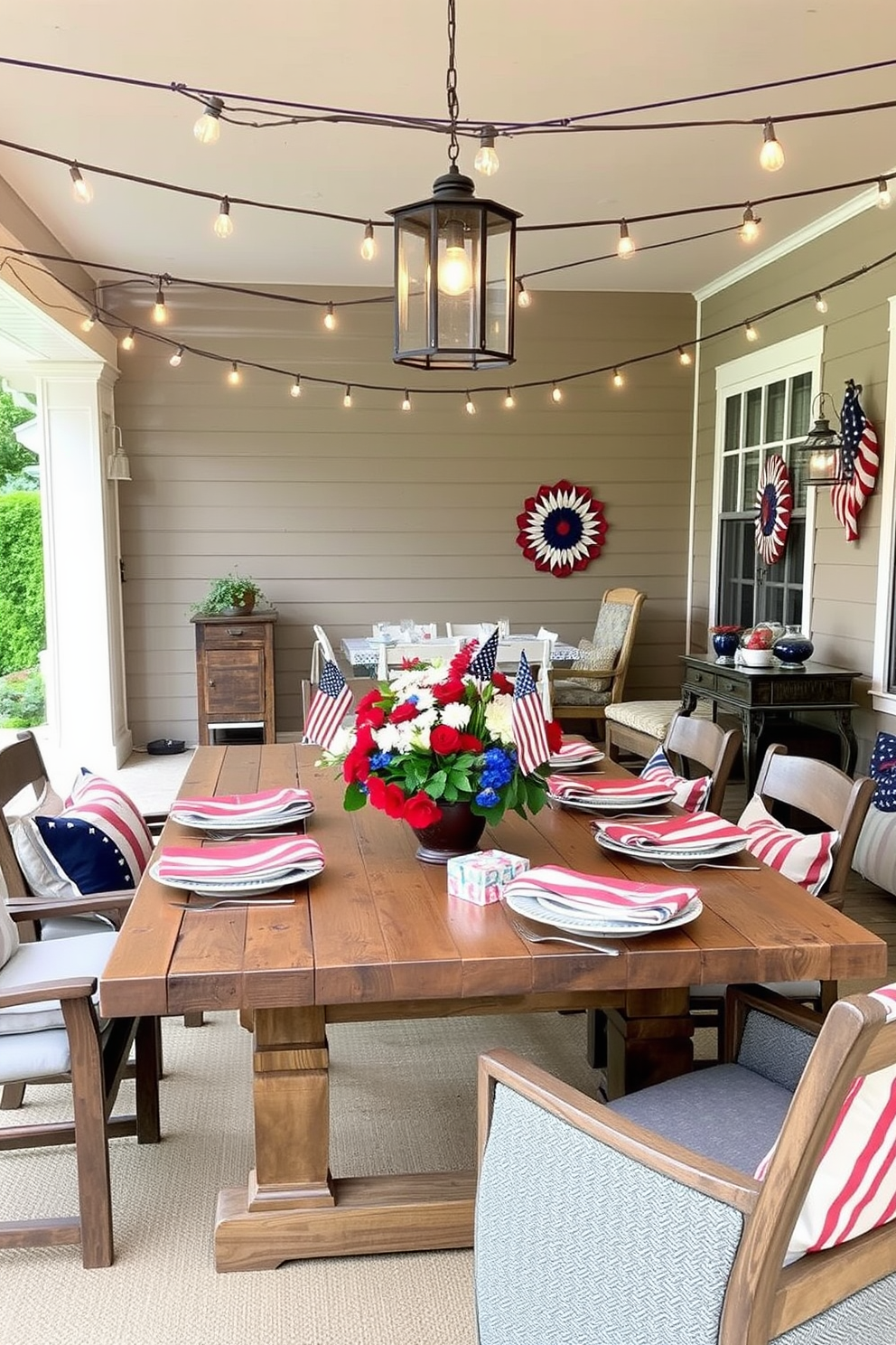 A festive dining room adorned with colorful banners draped elegantly across the walls. The table is set with vibrant tableware and seasonal centerpieces, creating a warm and inviting atmosphere for Labor Day celebrations.