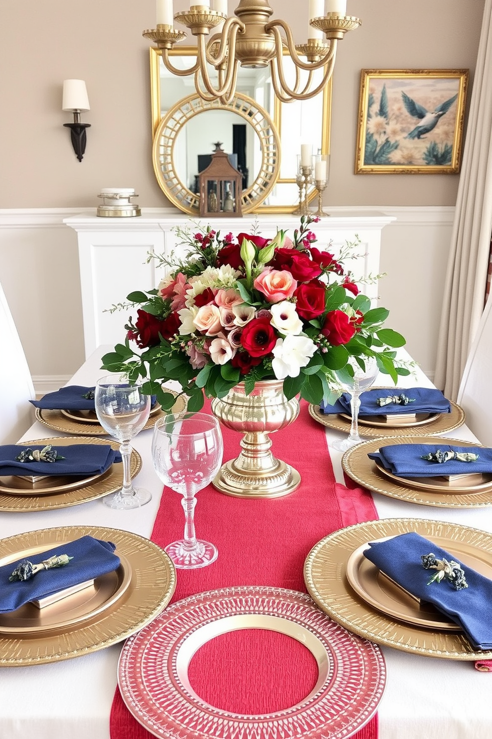 Stylish charger plates for added elegance. The table is set with a variety of ornate charger plates in gold and silver tones, enhancing the overall sophistication of the dining experience. Labor Day Dining Room Decorating Ideas. The dining room features a festive arrangement with a centerpiece of seasonal flowers, complemented by red, white, and blue table linens to celebrate the holiday.