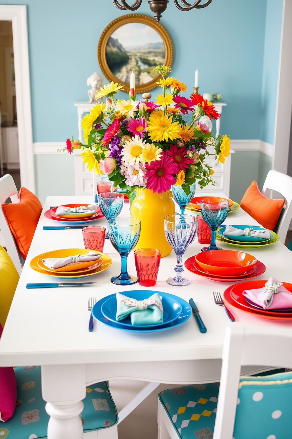 Brightly colored tableware adds a cheerful and lively atmosphere to the dining room. The table is set with vibrant plates, mismatched glasses, and colorful napkins, creating an inviting and festive setting for Labor Day celebrations. The centerpiece features a bold arrangement of seasonal flowers in a bright vase, enhancing the playful theme. Surrounding the table, comfortable chairs are adorned with colorful cushions, inviting guests to enjoy a delightful meal together.