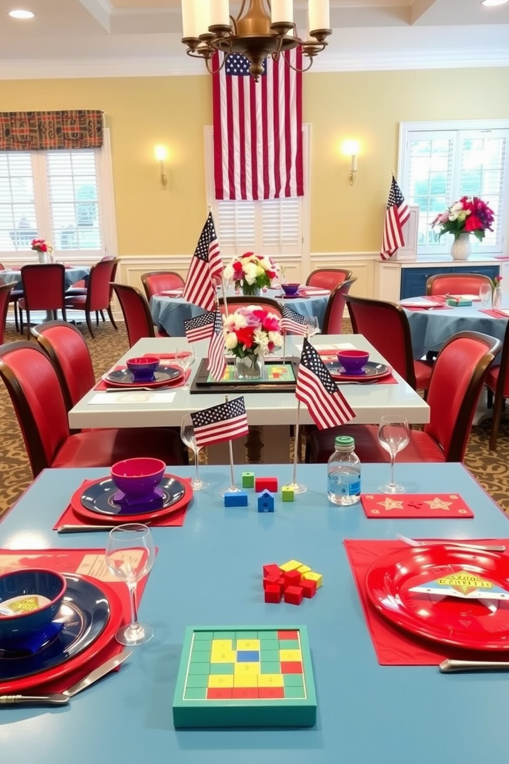 A vibrant dining room setting designed for themed table games. The table is set with colorful tableware and game pieces that encourage interaction among guests. For Labor Day, the dining room features a patriotic color scheme of red, white, and blue. Festive decorations include miniature flags and seasonal centerpieces made from fresh flowers.