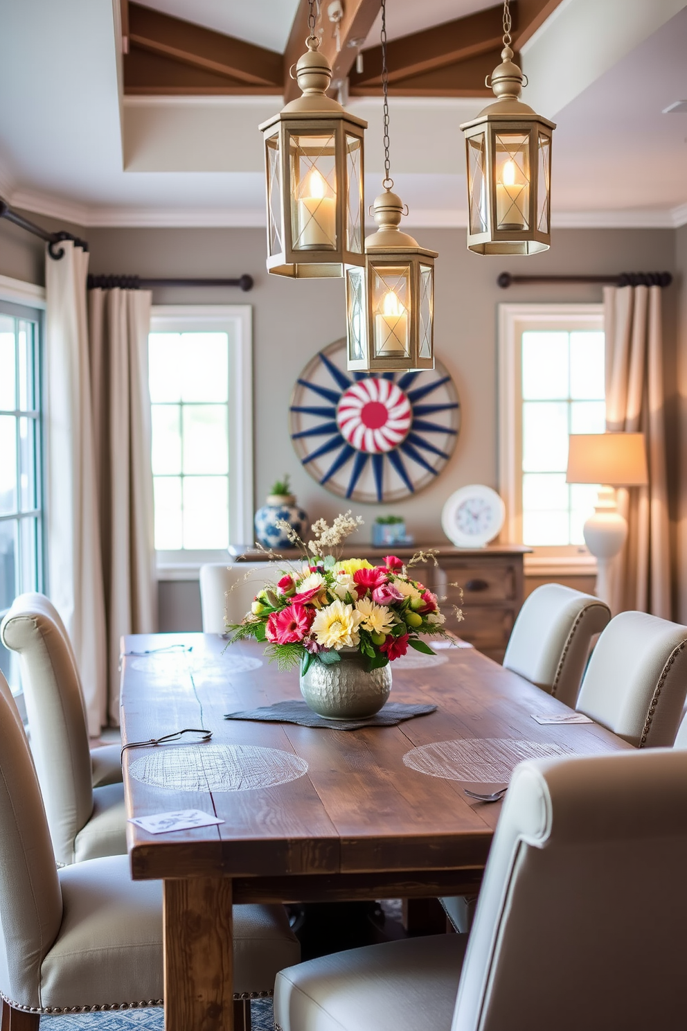 A cozy dining room setting featuring a rustic wooden table surrounded by upholstered chairs. Decorative lanterns hang from the ceiling, casting a warm glow over the space, creating an inviting atmosphere for gatherings. The table is adorned with a simple yet elegant centerpiece of seasonal flowers in a vase. Soft, neutral tones dominate the decor, complemented by vibrant accents that celebrate the spirit of Labor Day.