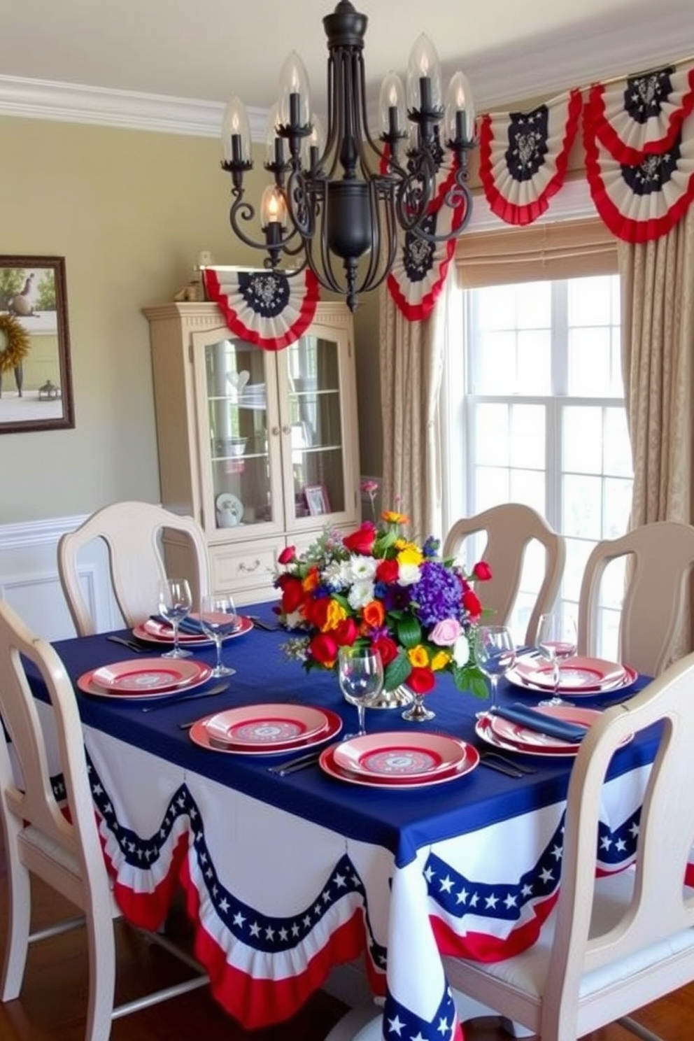 A festive dining room setting adorned with patriotic bunting draping elegantly along the edge of the table. The table is set with red white and blue tableware and a centerpiece featuring seasonal flowers in vibrant colors.