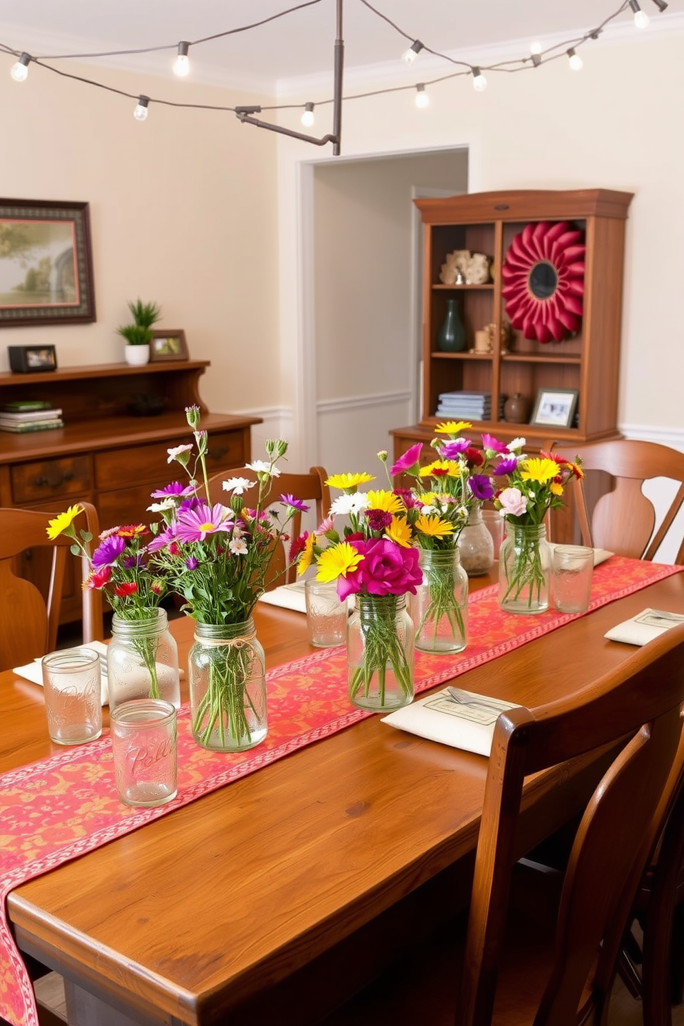 A charming dining room setting features a rustic wooden table adorned with a vibrant tablecloth. Mason jars filled with colorful wildflowers serve as unique centerpieces, while matching mason jars are used as drinkware for guests. The walls are painted in a soft cream color, enhancing the warm ambiance of the room. String lights hang above, casting a cozy glow over the space, making it perfect for a festive Labor Day gathering.