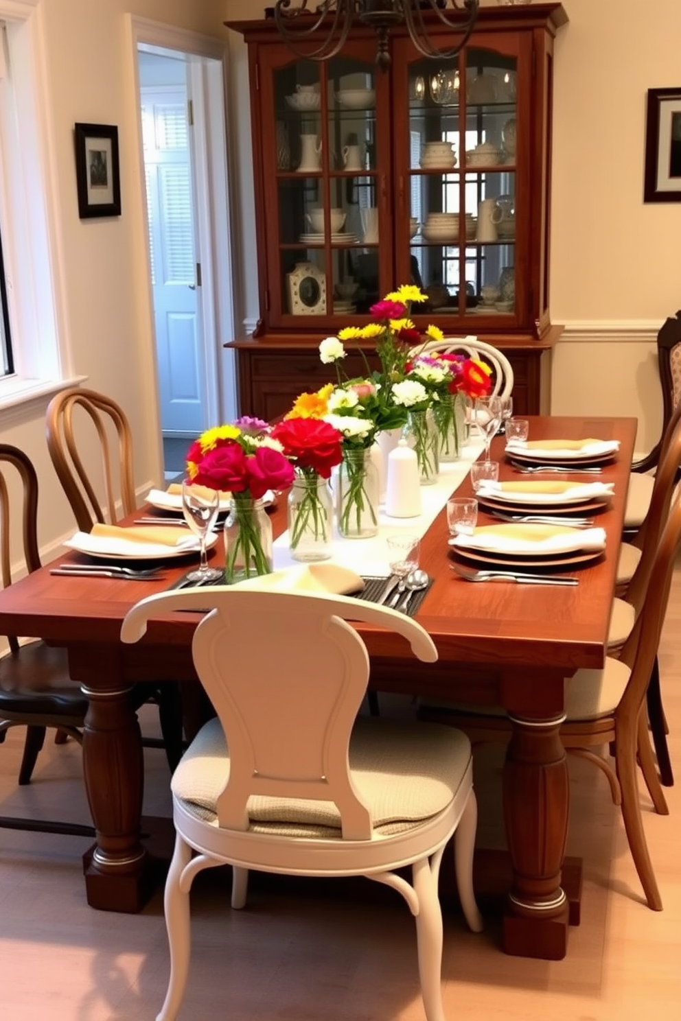 A charming dining room setting adorned with floral arrangements in mason jars. The table is set with rustic wooden elements and complemented by elegant tableware, creating a warm and inviting atmosphere. Brightly colored flowers in mason jars serve as centerpieces, adding a touch of nature to the decor. The walls are painted in soft cream, and the dining chairs feature a mix of vintage and modern styles for a unique look.