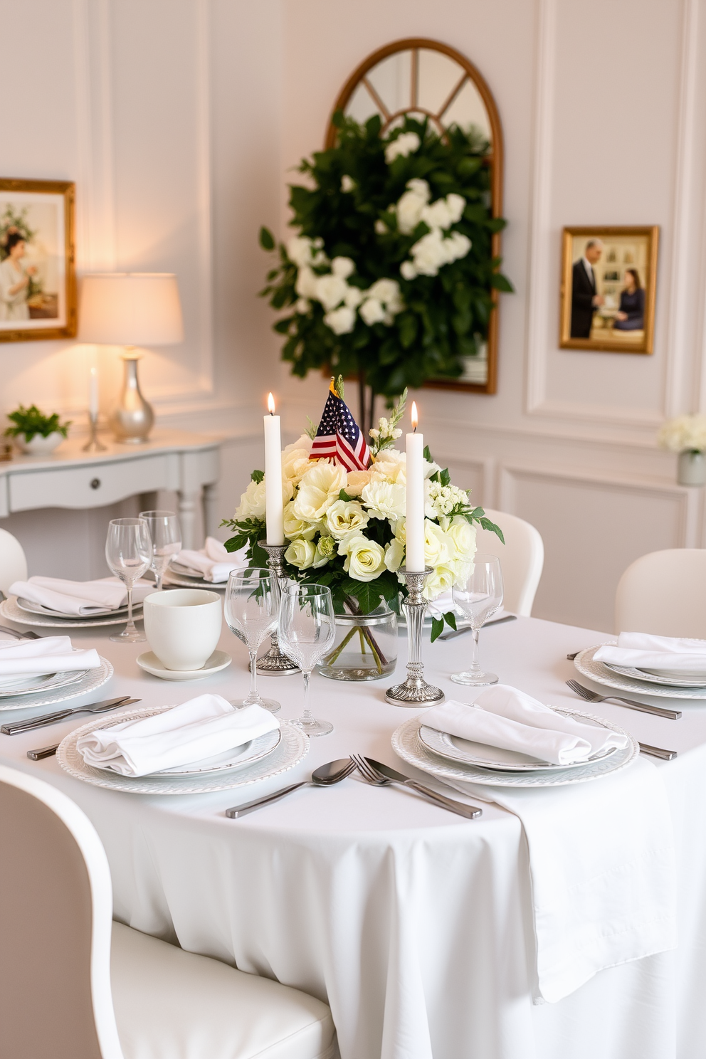 A chic all-white dining room setting features a beautifully set table adorned with elegant white dinnerware and crisp white linens. The table is complemented by soft candlelight and fresh floral arrangements, creating a serene and inviting atmosphere for Labor Day celebrations.