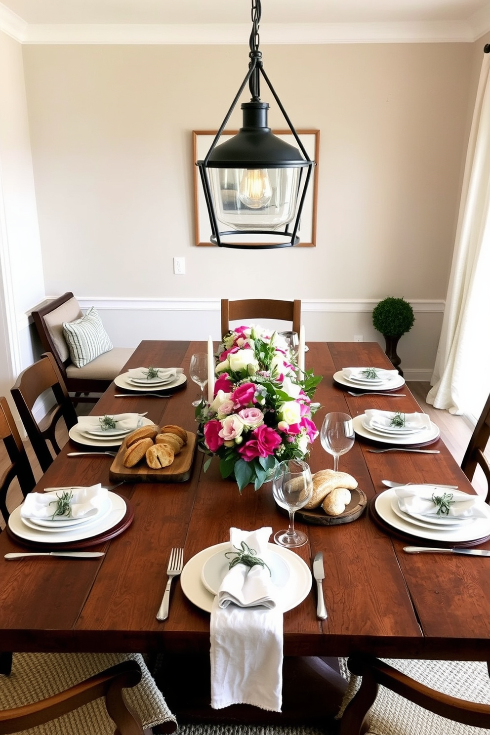 A patriotic wreath made of red white and blue flowers is elegantly hung on the dining room door creating a festive atmosphere. Inside the dining room a rustic wooden table is adorned with a vibrant table runner featuring stars and stripes complemented by coordinating placemats and dinnerware. The walls are painted in a soft beige tone to enhance the warm ambiance of the space. A centerpiece of fresh seasonal flowers in a mason jar adds a charming touch while small American flags are placed at each table setting for a celebratory flair.