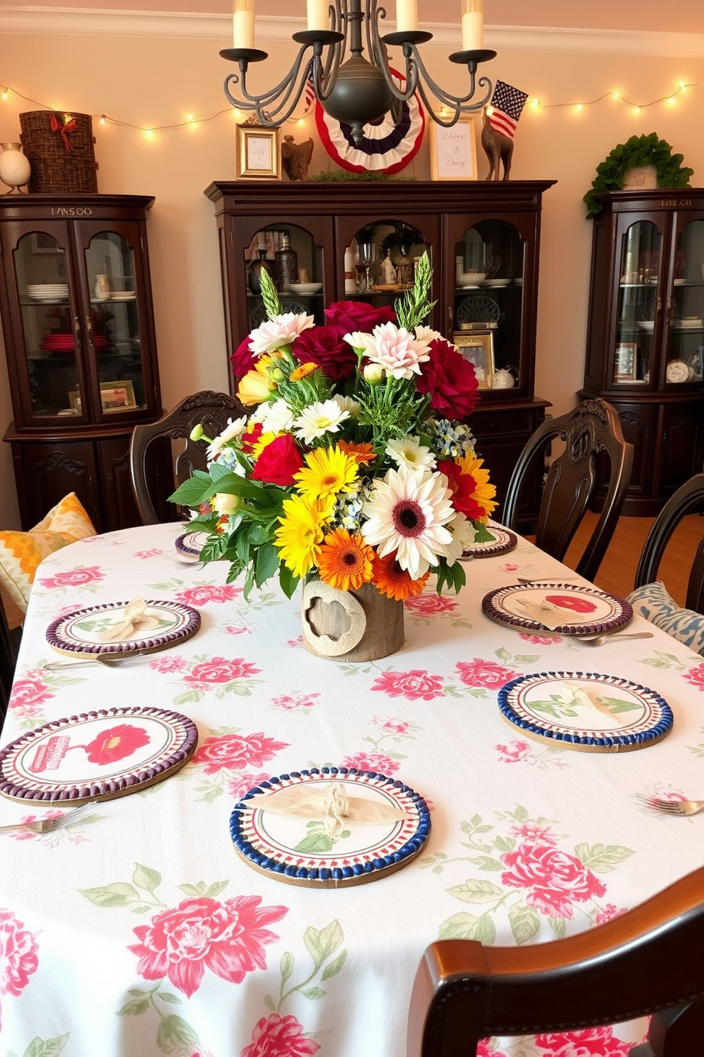 Festive coasters with summer motifs are arranged on a beautifully set dining table. The table features a vibrant tablecloth with floral patterns, surrounded by elegant chairs adorned with colorful cushions. Labor Day Dining Room Decorating Ideas include a centerpiece made of fresh seasonal flowers in a rustic vase. The dining room is enhanced with string lights and patriotic decor to create a warm and inviting atmosphere.