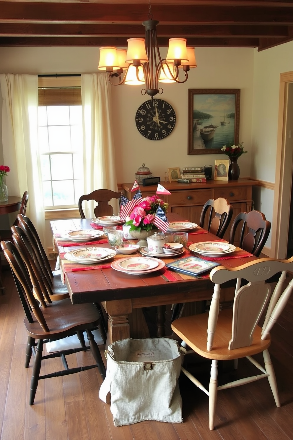 A beautifully arranged dining room featuring a long wooden table adorned with a crisp white tablecloth. Surrounding the table are elegant upholstered chairs, and on the table, decorative baskets filled with seasonal vegetables create a vibrant centerpiece. The walls are painted in a warm beige hue, complemented by soft ambient lighting from stylish pendant fixtures. Fresh greenery in small pots is placed on the window sills, enhancing the inviting atmosphere for a Labor Day gathering.