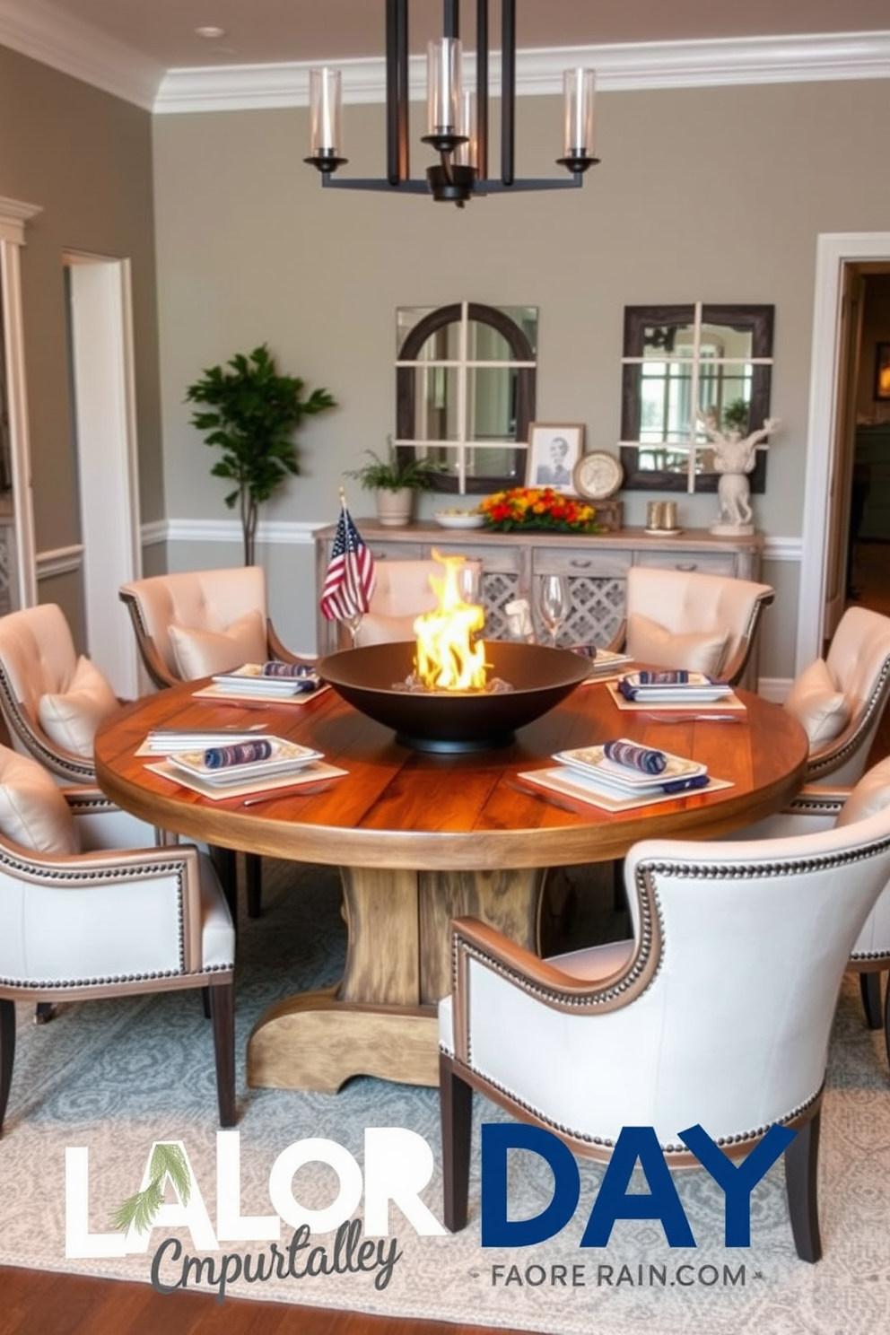 A stylish dining room featuring a modern tabletop fire pit at the center of a rustic wooden table. Surrounding the table are elegant chairs with plush cushions, creating an inviting atmosphere for cozy evenings. The dining room is adorned with soft lighting that enhances the warmth of the fire pit. Decorate the table with seasonal centerpieces and place settings that reflect the spirit of Labor Day celebrations.