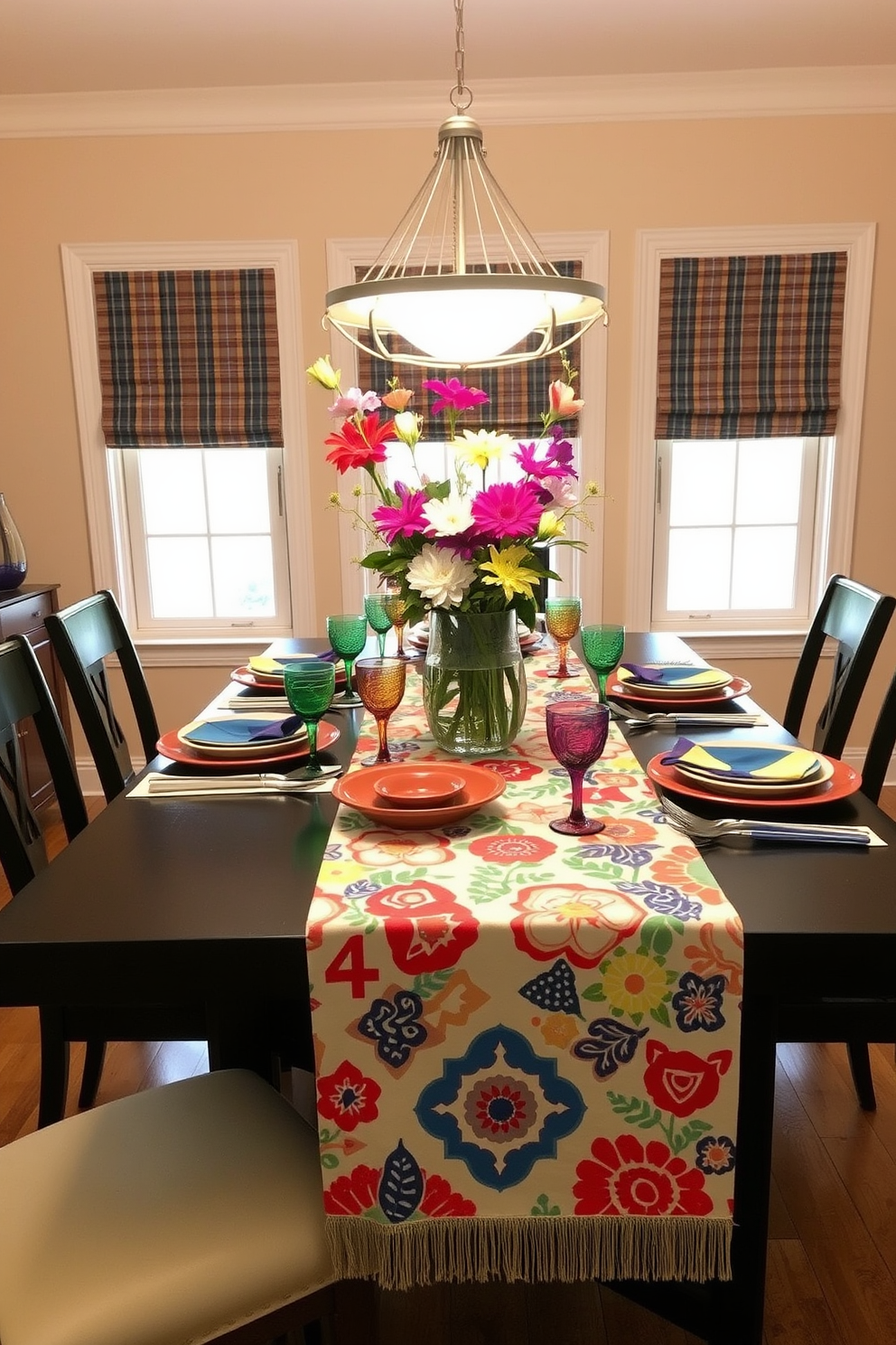 Bright table runners with bold prints create a vibrant and inviting atmosphere in the dining room. The runners are adorned with geometric patterns and floral designs that add a pop of color to the table setting. Complementing the runners, a mix of colorful dinnerware and glassware enhances the festive feel of the Labor Day celebration. Fresh flowers in a striking vase serve as a centerpiece, tying the entire decor together beautifully.