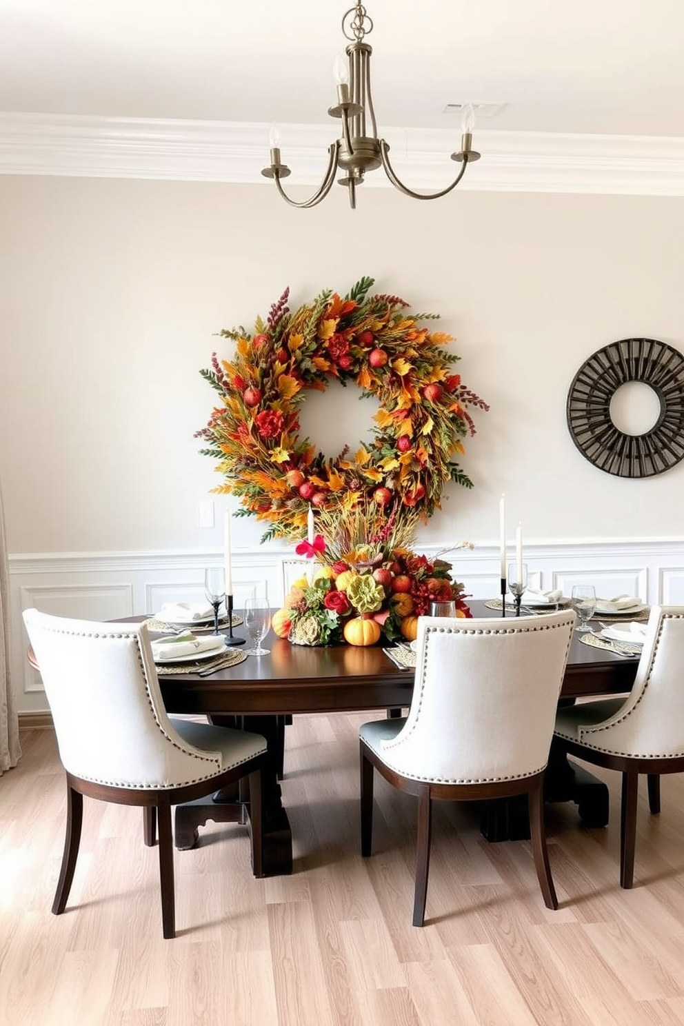 A beautiful dining room setting features a seasonal wreath as a stunning backdrop centerpiece. The wreath is adorned with vibrant fall colors and natural elements, creating a warm and inviting atmosphere for a Labor Day celebration.