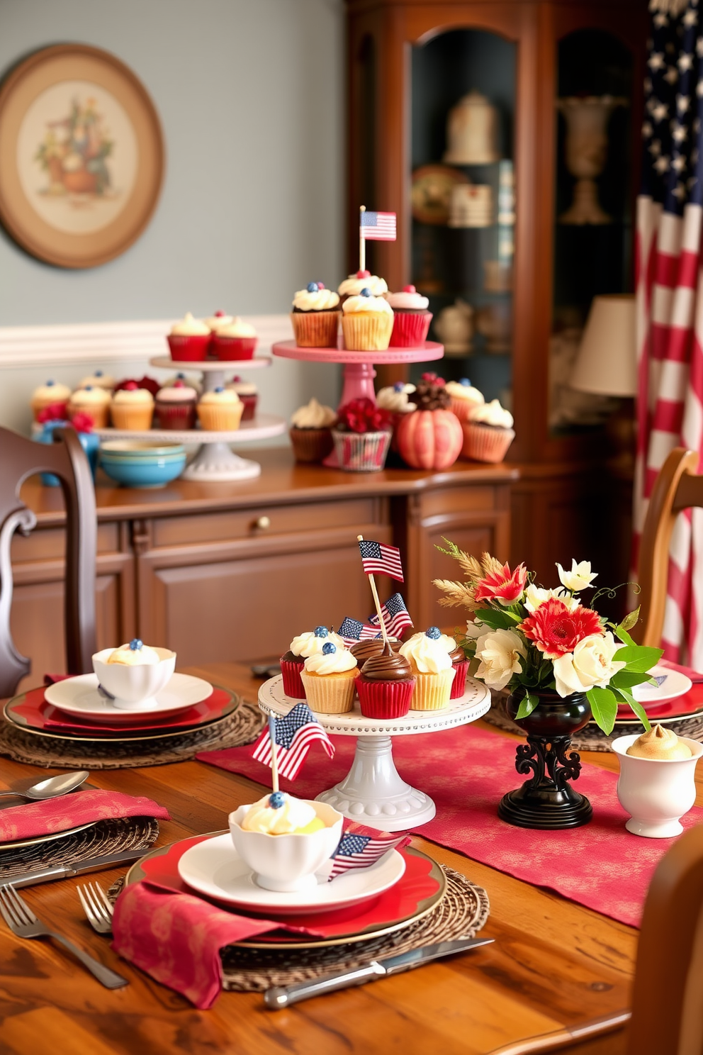 Charming cupcake stands for dessert display. The stands are elegantly crafted with intricate designs and come in a variety of colors, showcasing an array of beautifully decorated cupcakes. Labor Day dining room decorating ideas. The table is set with a festive red, white, and blue theme, featuring seasonal centerpieces and rustic tableware to create a warm and inviting atmosphere.