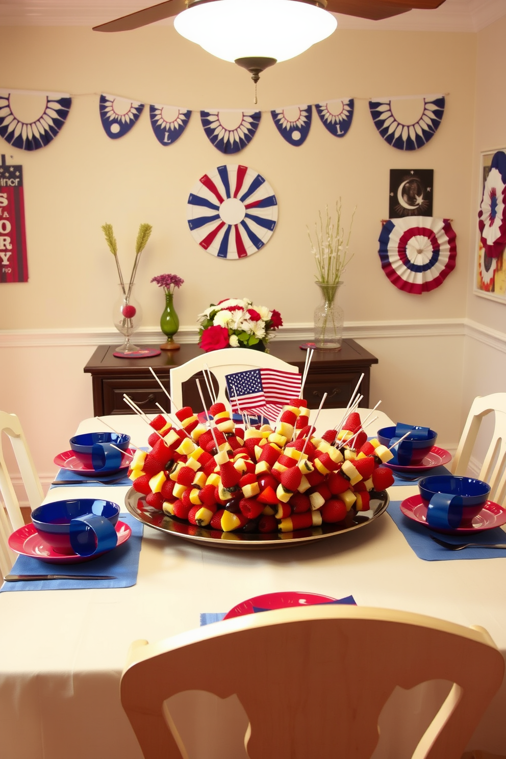 A vibrant dining room setting for a Labor Day celebration. The table is adorned with colorful fruit skewers arranged on a large platter, surrounded by cheerful tableware in red, white, and blue. The walls are decorated with festive banners and seasonal centerpieces. Soft lighting creates a warm ambiance, enhancing the inviting atmosphere for family and friends to gather.