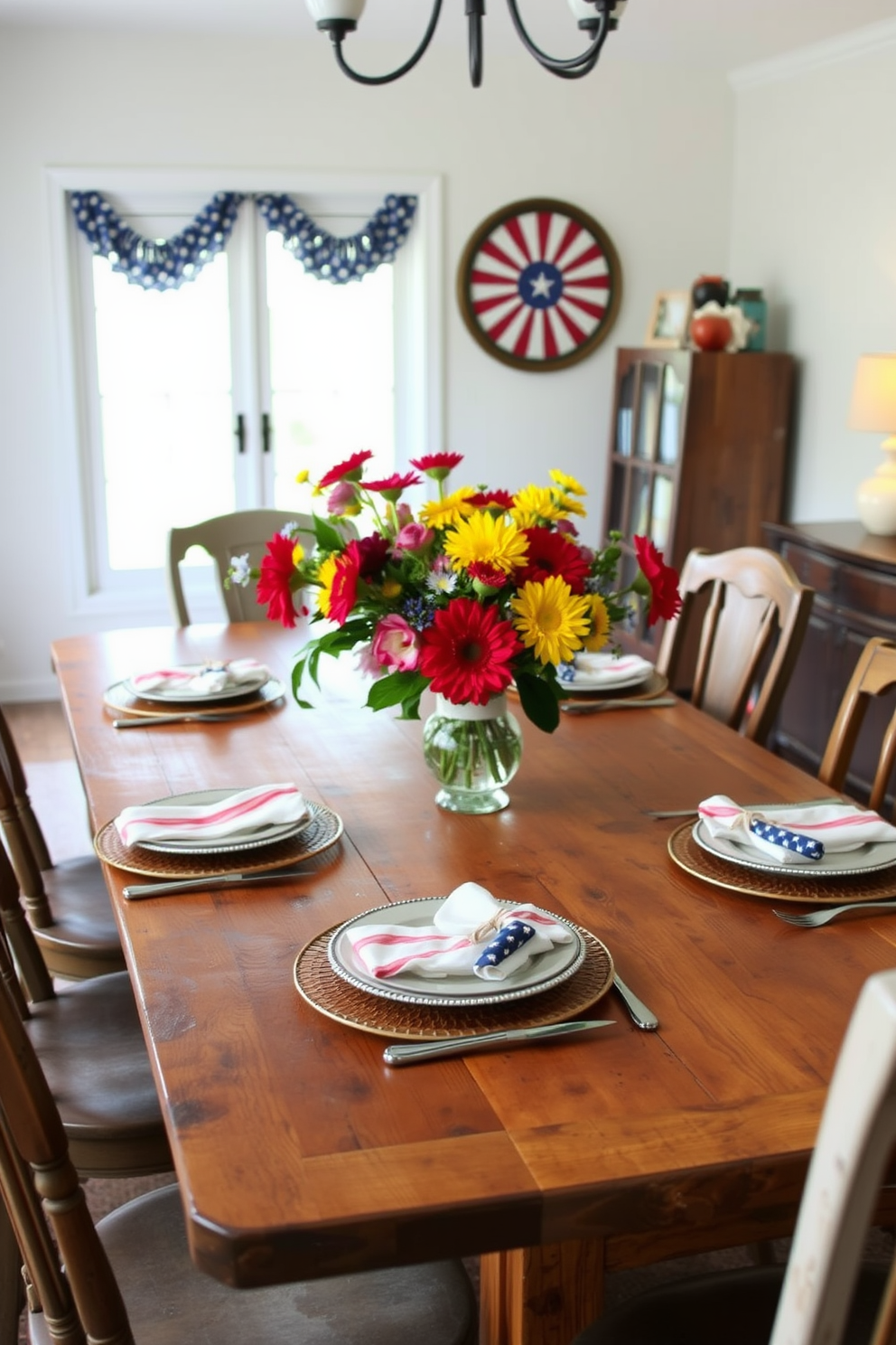 A rustic wooden table is set for a festive Labor Day gathering. Seasonal flowers in vibrant hues are arranged in a charming vase at the center, complementing the warm tones of the wood. Surrounding the table are mismatched chairs that add character and charm to the dining room. Soft, ambient lighting creates a welcoming atmosphere, perfect for family and friends to enjoy their meal together.