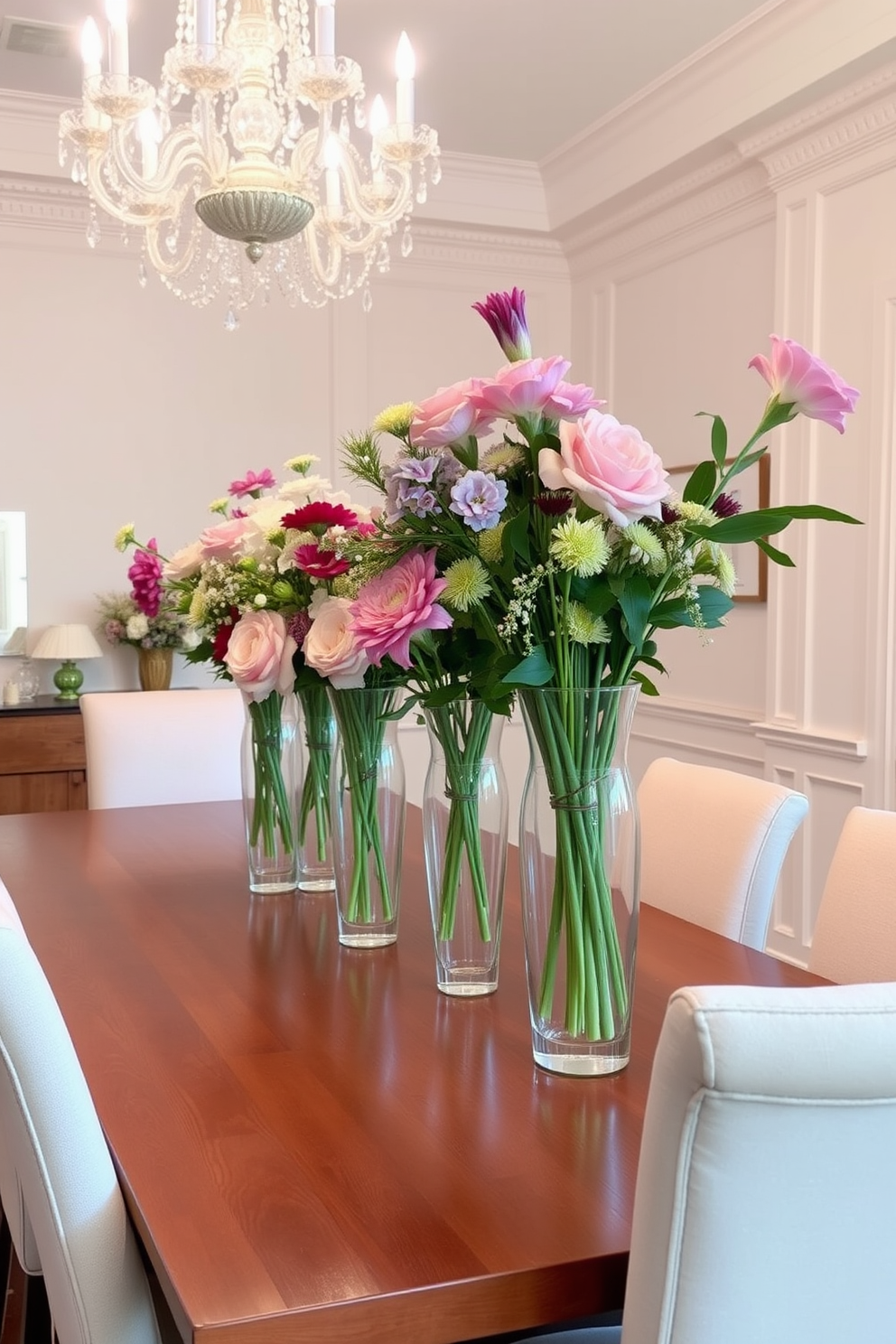 Elegant glass vases filled with fresh blooms sit gracefully on a polished wooden dining table. Surrounding the table are upholstered chairs in soft neutral tones, creating a warm and inviting atmosphere. The dining room features a stunning chandelier that casts a soft glow over the space, enhancing the elegance of the decor. A backdrop of light-colored walls complements the vibrant colors of the flowers, adding a touch of sophistication to the setting.