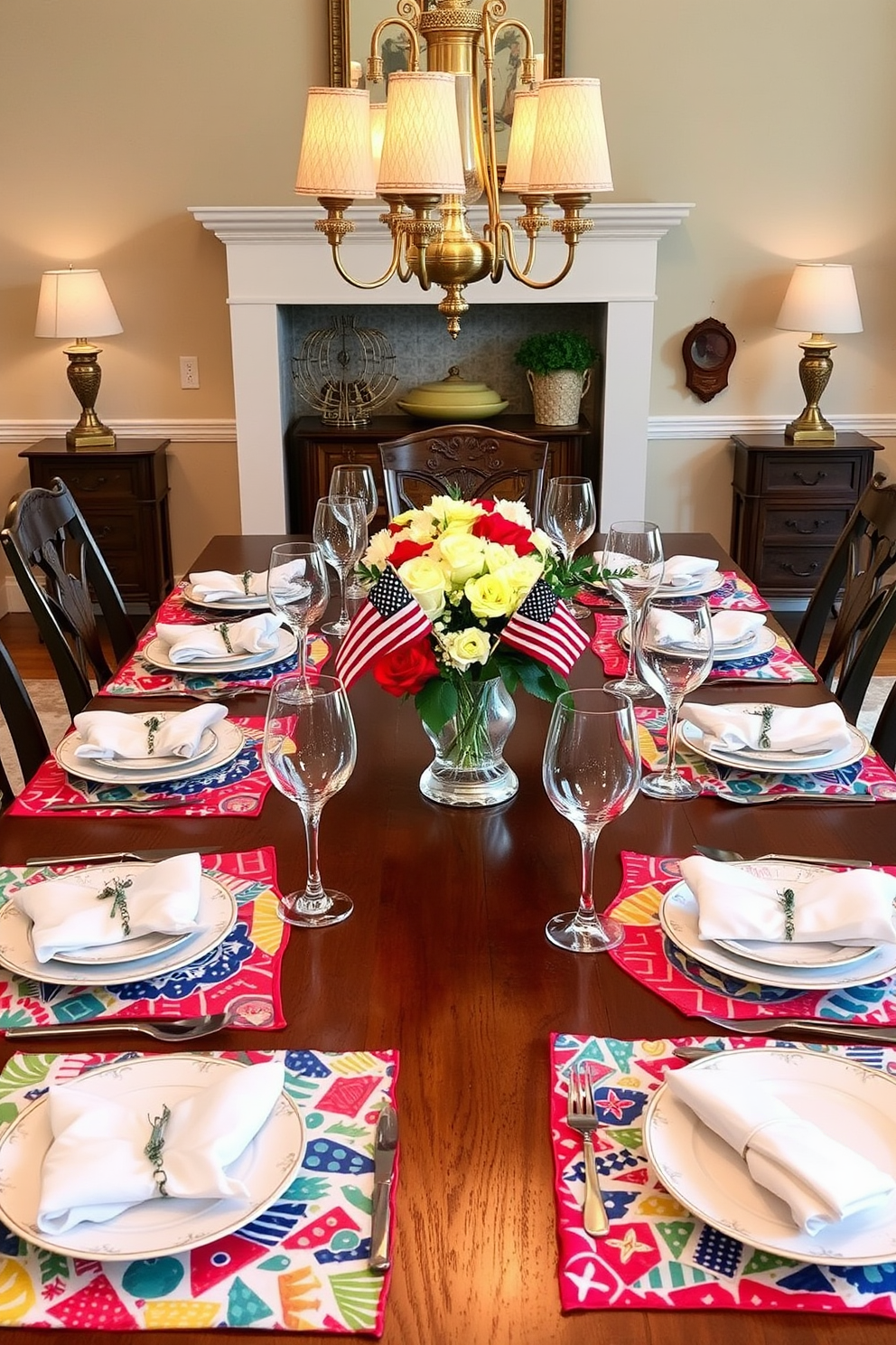 A vibrant dining room setting adorned with colorful placemats featuring festive patterns. The table is elegantly set with fine china and glassware, creating a warm and inviting atmosphere for a Labor Day celebration.