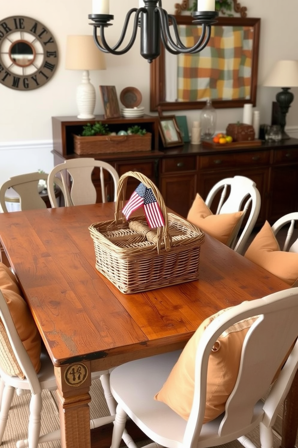 A charming dining room setting featuring a vintage picnic basket as the centerpiece on a rustic wooden table. Surrounding the table are mismatched chairs, each adorned with soft cushions in warm autumn colors, creating a cozy atmosphere for a Labor Day gathering.