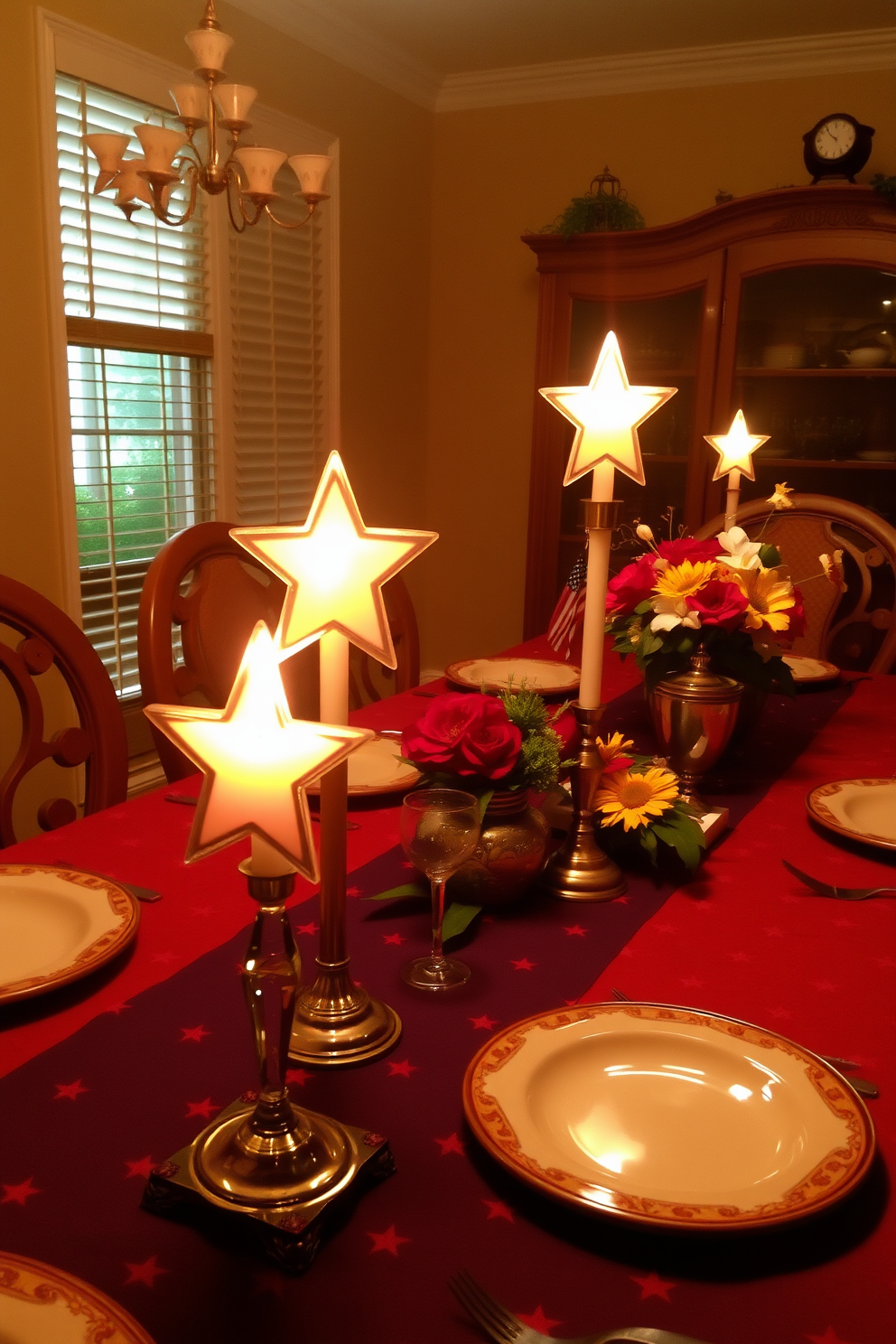 A festive dining room setting adorned with star-shaped candles placed strategically on the table. The warm glow of the candles creates an inviting atmosphere for a Labor Day celebration, complemented by a vibrant tablecloth and seasonal centerpieces.