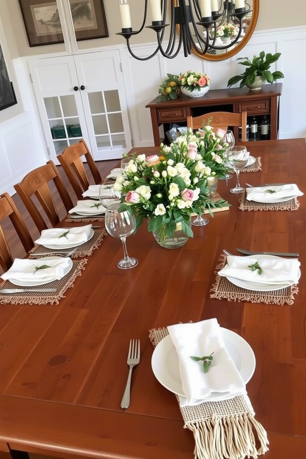 An inviting outdoor dining space features a rustic wooden table surrounded by mismatched chairs, creating a casual picnic atmosphere. The table is adorned with a vibrant checkered tablecloth, and colorful plates are set for a festive meal under the warm glow of string lights. For Labor Day, the dining room is decorated with red, white, and blue accents. A centerpiece of fresh flowers in patriotic colors sits on the table, while themed bunting adds a celebratory touch to the walls.