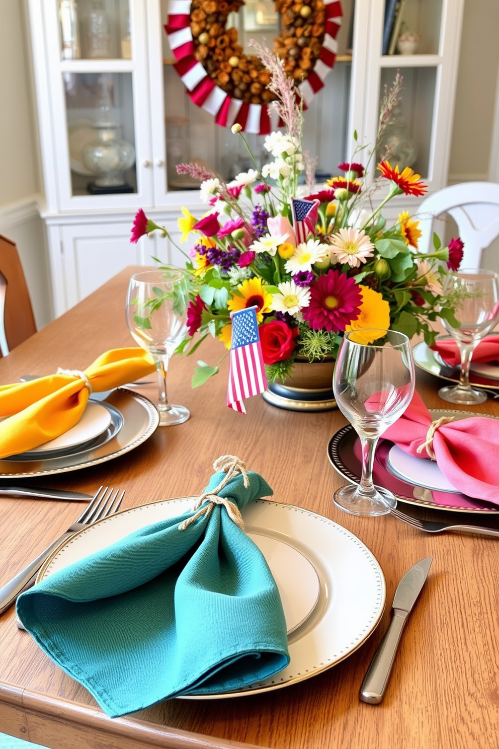 Brightly colored napkins are elegantly tied with twine and placed at each setting on a beautifully set dining table. The table is adorned with a vibrant centerpiece featuring seasonal flowers and rustic accents, creating a festive atmosphere for Labor Day celebrations.