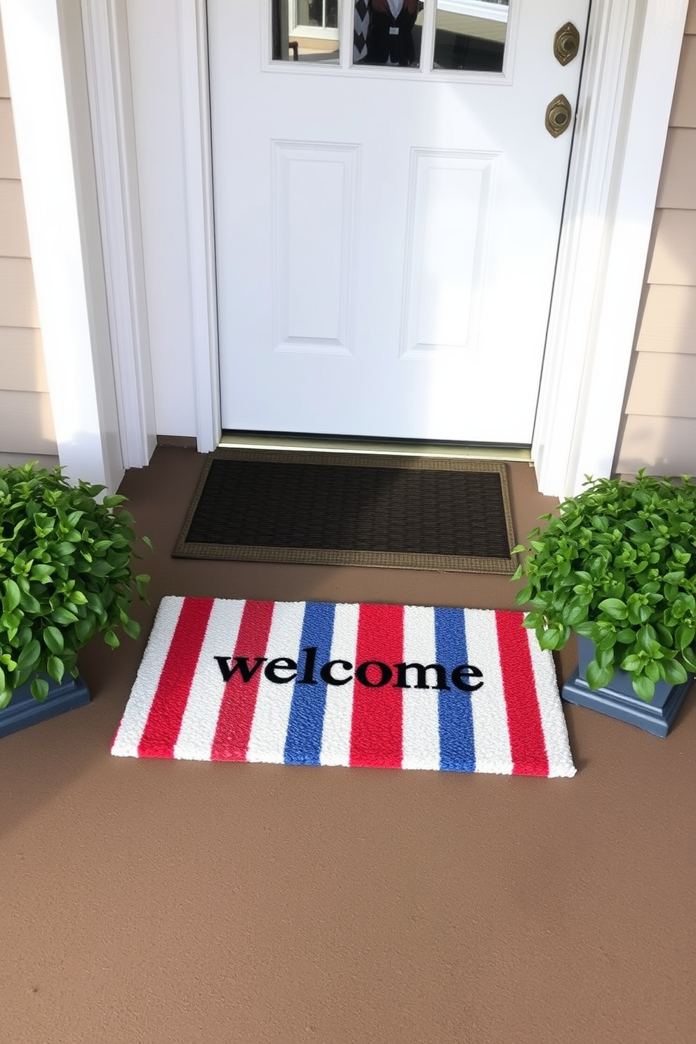 A welcoming entryway features a vibrant welcome mat adorned with red, white, and blue stripes. Flanking the mat are potted plants with lush greenery, creating a warm and inviting atmosphere for guests.