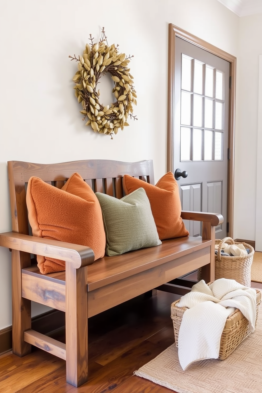 A rustic wood bench is positioned against the wall, adorned with plush cushions in warm earth tones. The entryway features a welcoming display of seasonal decorations, including a wreath made of dried leaves and a small basket filled with cozy blankets.