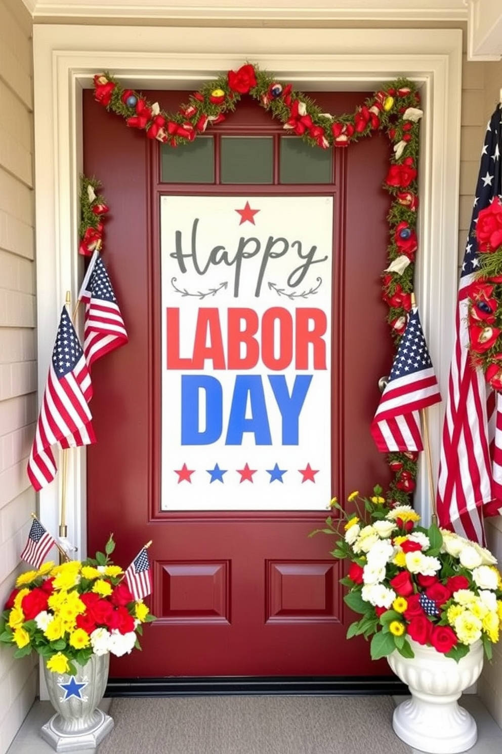 A charming entryway features a large chalkboard sign displaying a festive Labor Day message in elegant white lettering. Surrounding the sign, seasonal decorations such as small American flags and vibrant fall flowers add a warm, welcoming touch. To enhance the space, a rustic bench is placed beneath the sign, adorned with cozy cushions in red, white, and blue hues. A woven basket filled with blankets sits beside the bench, inviting guests to relax and enjoy the holiday spirit.