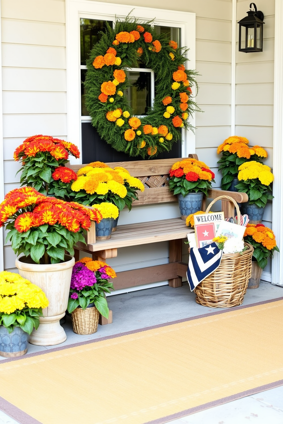 Create an inviting entryway that features stylish rattan baskets for organization. The baskets are neatly arranged on a wooden bench, providing both functionality and a warm aesthetic. Incorporate seasonal Labor Day decorations that evoke a festive atmosphere. Use red, white, and blue accents alongside rustic elements to enhance the welcoming feel of the space.