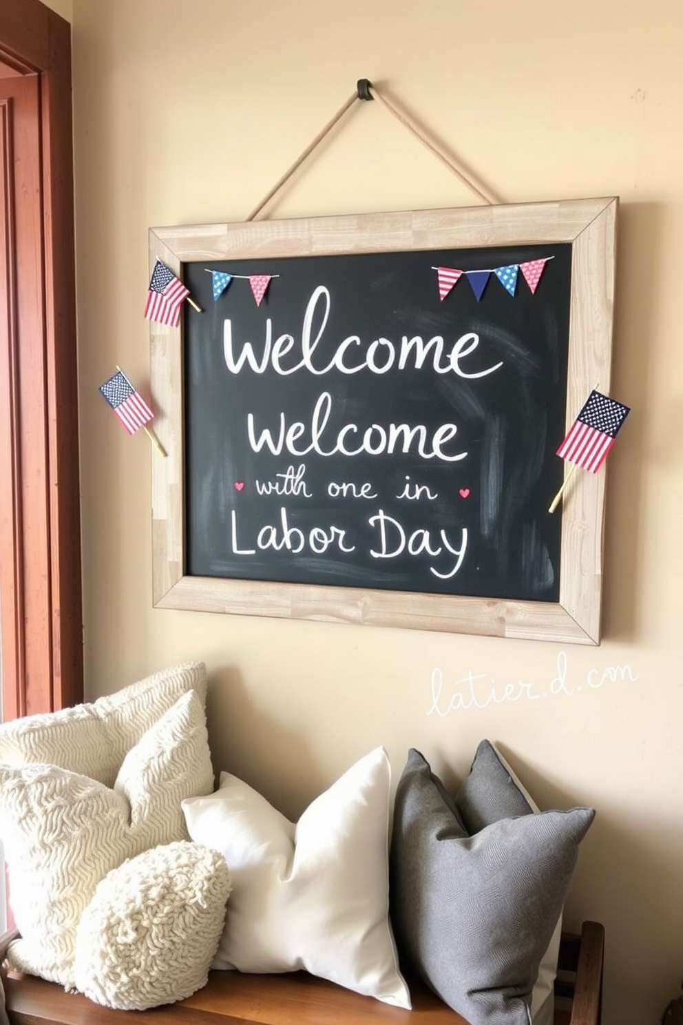 A rustic chalkboard hangs in the entryway, inviting guests with warm welcoming messages. The board is framed in distressed wood, adding a touch of charm to the space. Surrounding the chalkboard are seasonal decorations that celebrate Labor Day, including small American flags and colorful bunting. A cozy bench sits beneath the board, adorned with plush cushions for comfort and style.