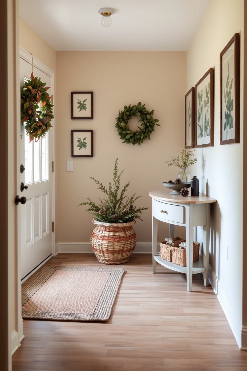 A welcoming entryway adorned with natural elements like pinecones and leaves. The floor is covered with a rustic wooden mat, and a large woven basket filled with seasonal foliage sits in the corner. On the walls, a soft beige paint complements a series of framed nature-inspired prints. A simple console table holds a small arrangement of pinecones and a decorative bowl, creating a warm and inviting atmosphere.